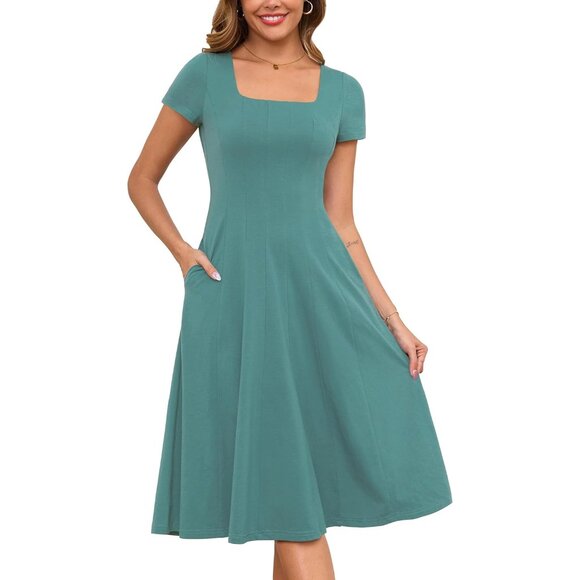 Women's Spring Summer Midi Dress Light Green A-Line Pockets Casual Work - Picture 1 of 5